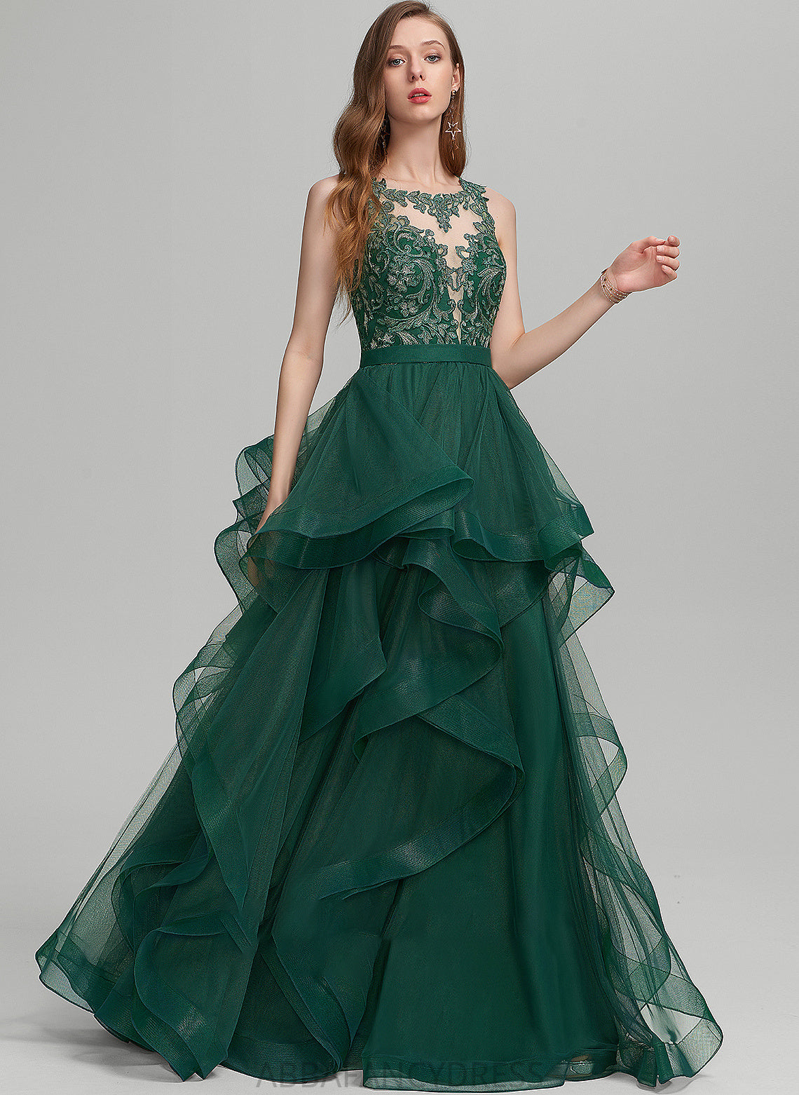 Lizeth Scoop Floor-Length With Prom Dresses Ball-Gown/Princess Ruffle Neck Lace Tulle