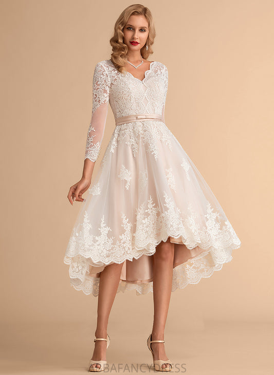Lace Tulle A-Line V-neck Dress Wedding Dresses Satin Sarah Asymmetrical Wedding