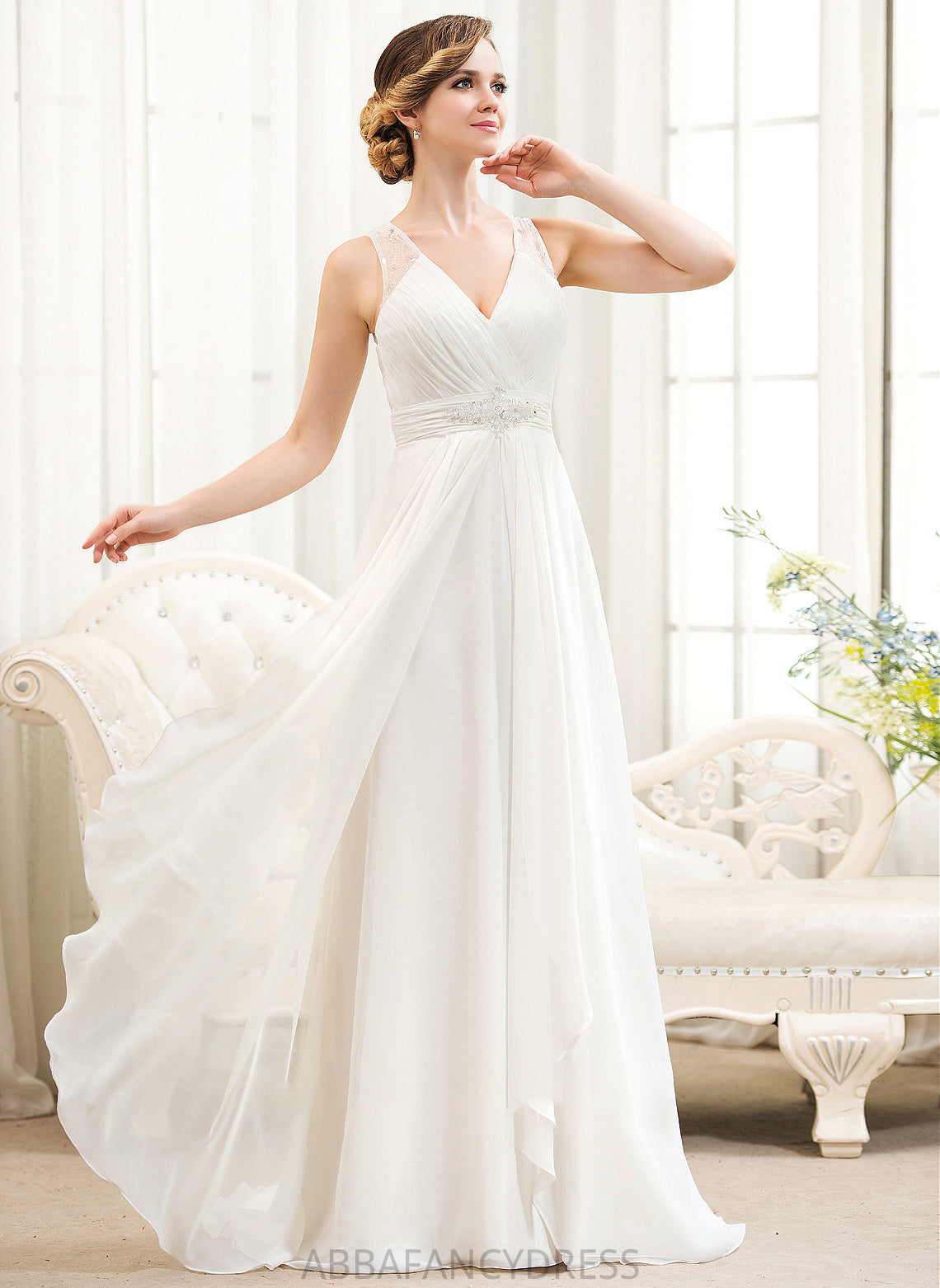 Alissa V-neck Sequins Wedding Dresses Dress Sweep Beading A-Line Chiffon Wedding Cascading With Train Ruffles