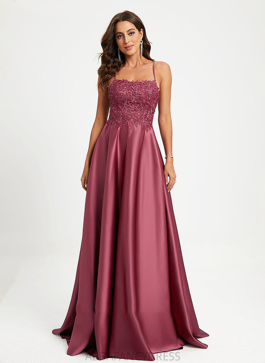 Prom Dresses A-Line Train Sweep With Beading Sequins Square Neckline Leyla Satin