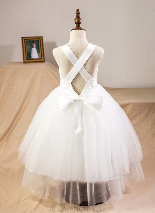 Bailey Junior Bridesmaid Dresses Tulle Lace Tea-Length Ball-Gown/Princess Satin Bow(s) Sweetheart With