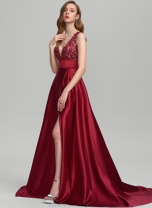Prom Dresses Satin Sequins Train With Sweep Ball-Gown/Princess V-neck Front Danica Split