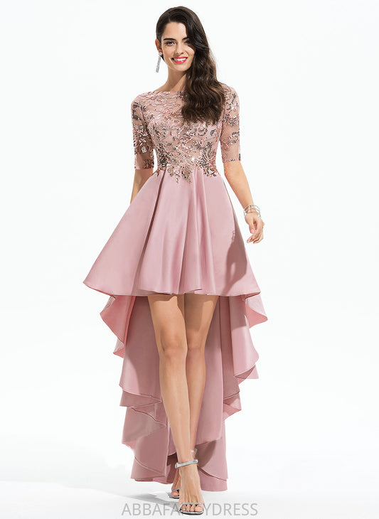 Lace Scoop Neck Prom Dresses Caitlyn With Sequins Satin A-Line Asymmetrical