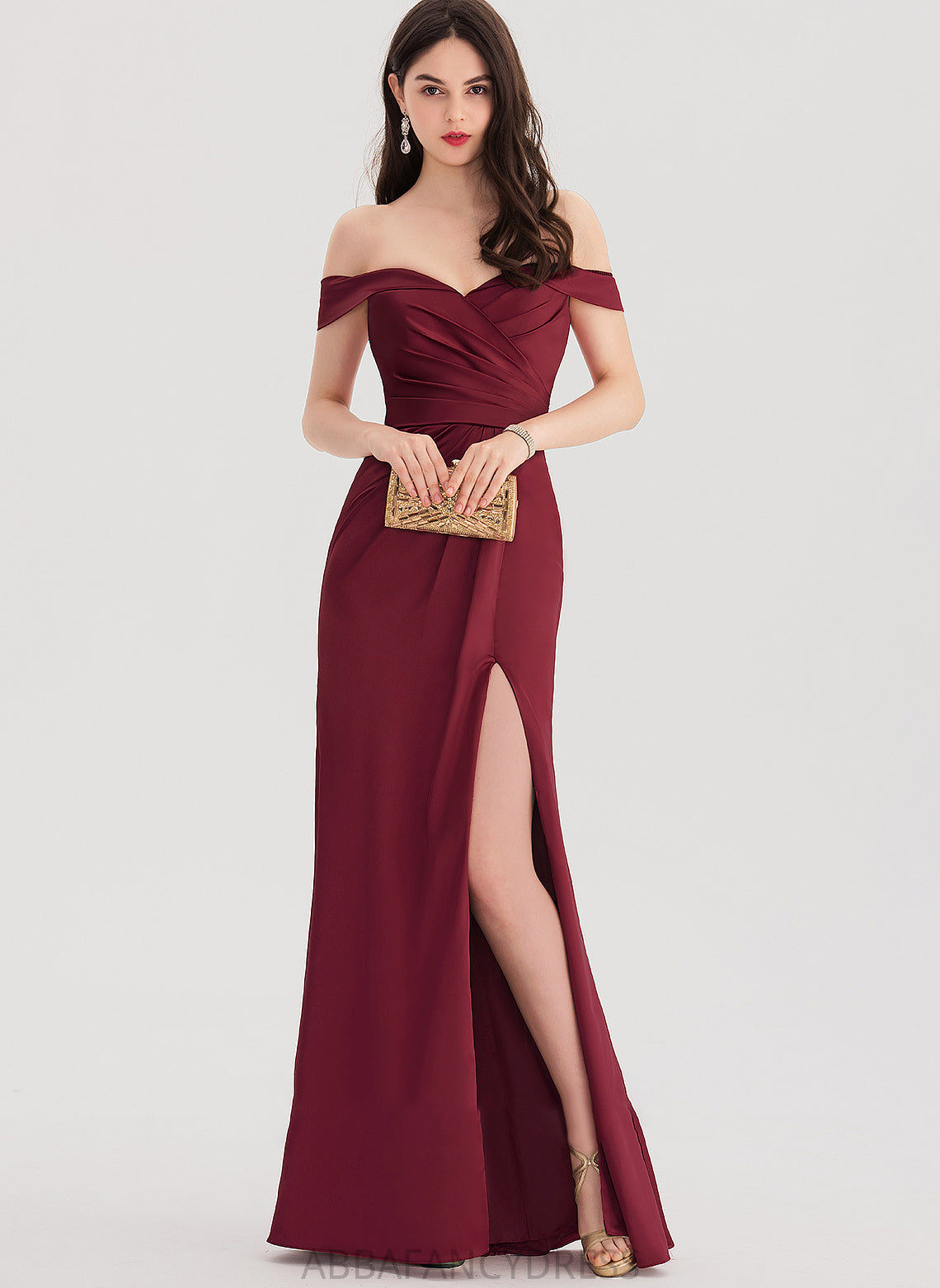 Ruffle Front Split Zoey With Sheath/Column Satin Off-the-Shoulder Floor-Length Prom Dresses