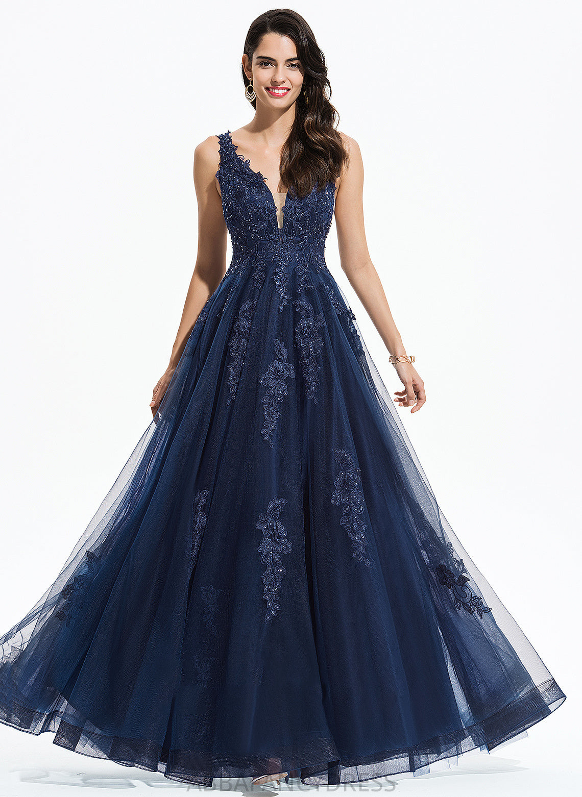 Sequins Charlize Tulle V-neck With Lace A-Line Prom Dresses Floor-Length