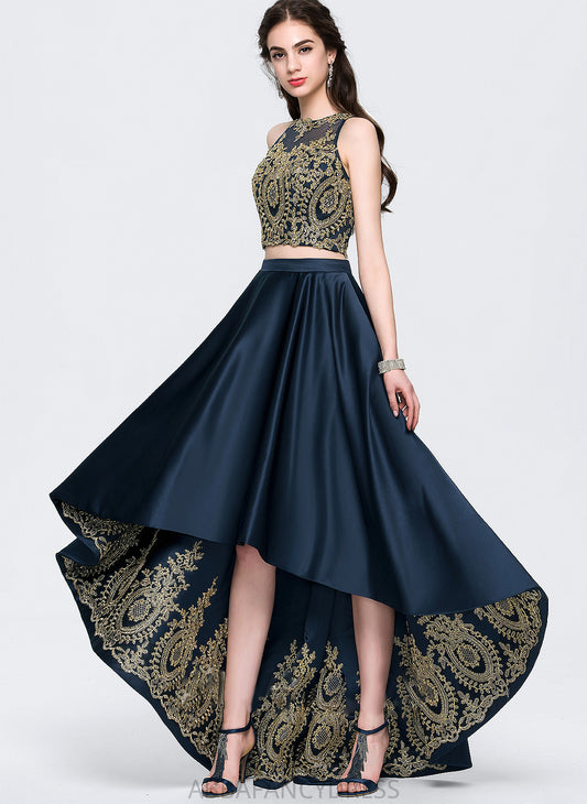 Prom Dresses With A-Line Scoop Beading Sequins Lace Neck Katie Satin Asymmetrical
