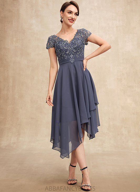 Mother Chiffon Bride Ruffle Jacquelyn A-Line of With Dress the Mother of the Bride Dresses Asymmetrical Lace V-neck