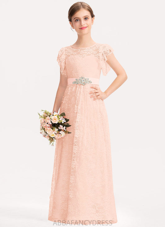 Beading Junior Bridesmaid Dresses Cascading With Bow(s) Ruffles Heidi Scoop Floor-Length A-Line Lace Neck