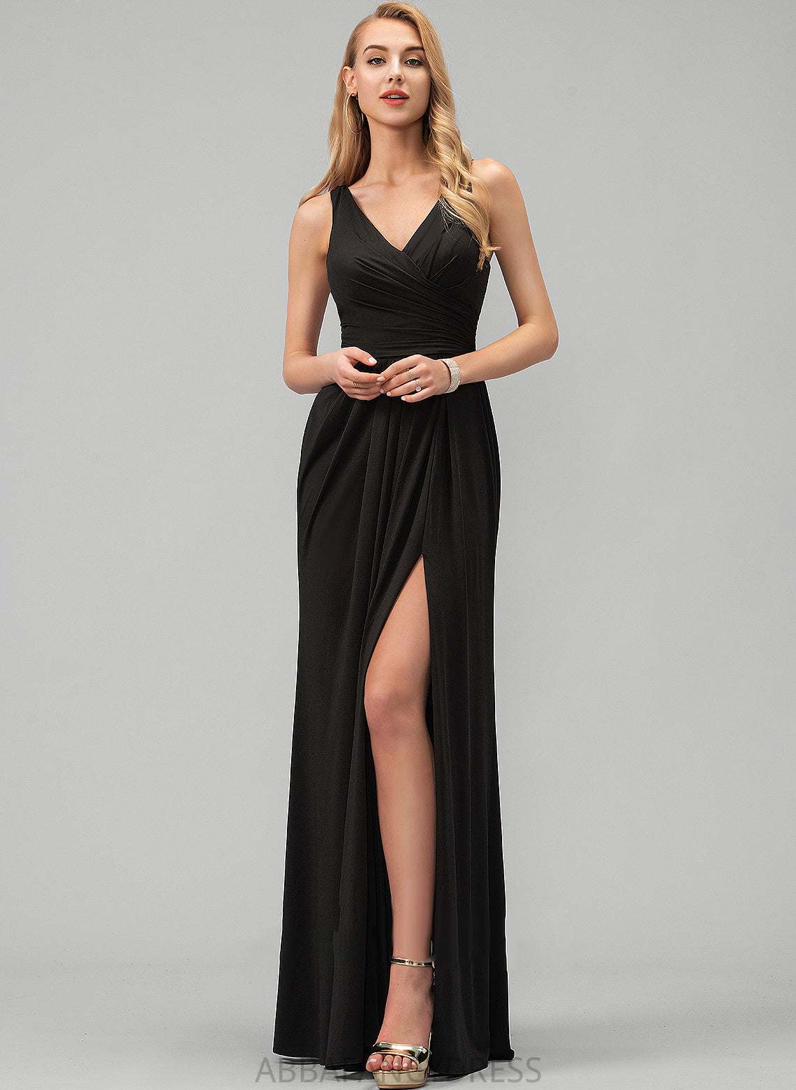 Split Front Jersey With Ruffle Prom Dresses Madyson Floor-Length V-neck A-Line