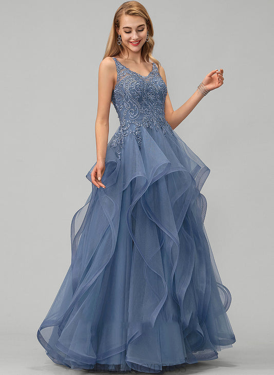 Beading Sequins Elliana Lace V-neck Prom Dresses Tulle With Ball-Gown/Princess Floor-Length