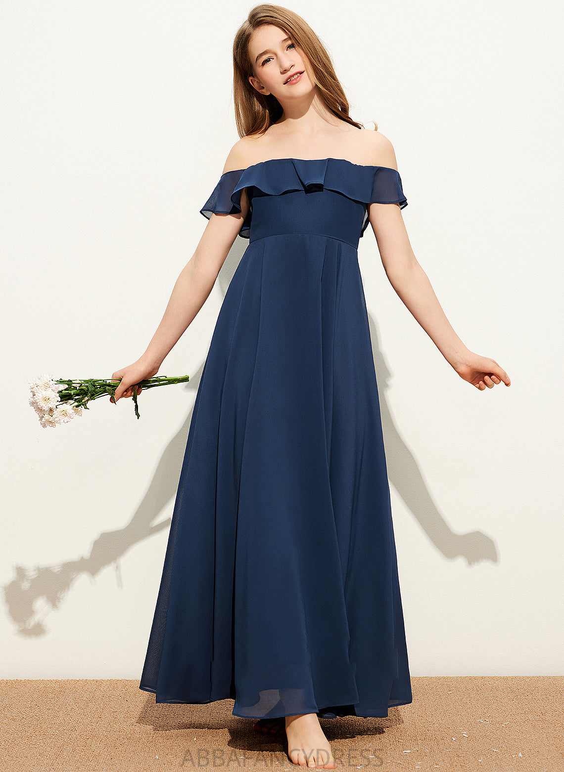 A-Line Off-the-Shoulder Floor-Length Junior Bridesmaid Dresses Chiffon Kaitlin
