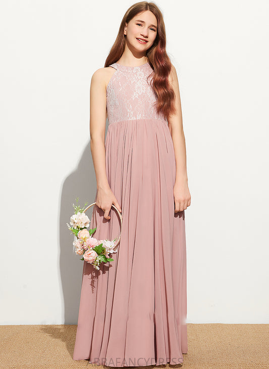 Neck Junior Bridesmaid Dresses Chiffon Floor-Length Lace With Sequins Scoop A-Line Savannah