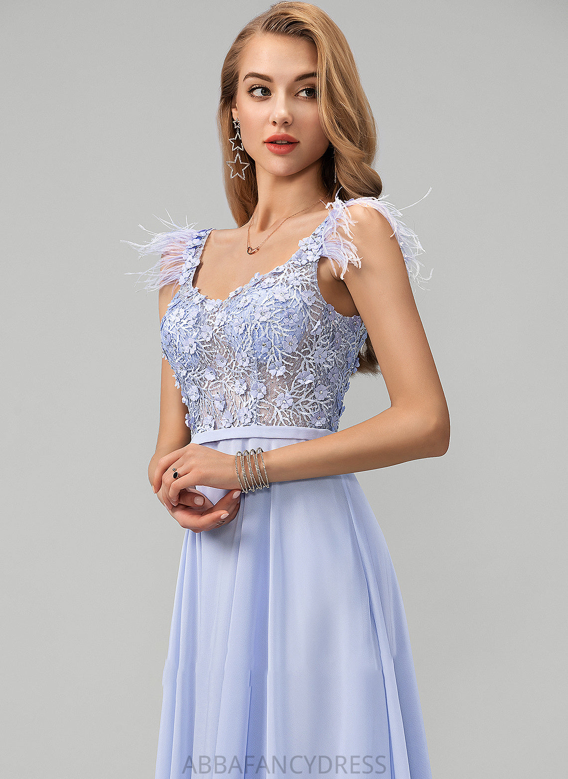 Mina With Lace Floor-Length Prom Dresses V-neck Beading A-Line Feather Sequins Flower(s) Chiffon