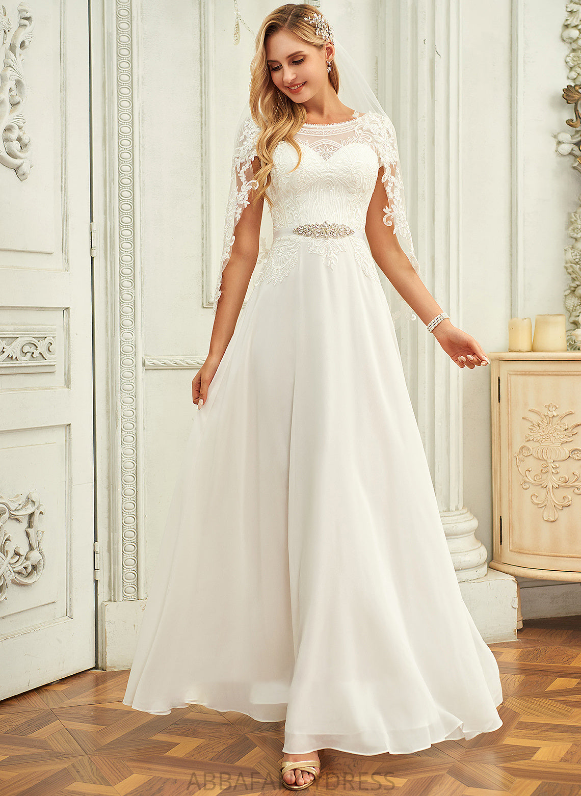 Chiffon Dress Neck A-Line Setlla Sequins Wedding Floor-Length Wedding Dresses Scoop Lace With