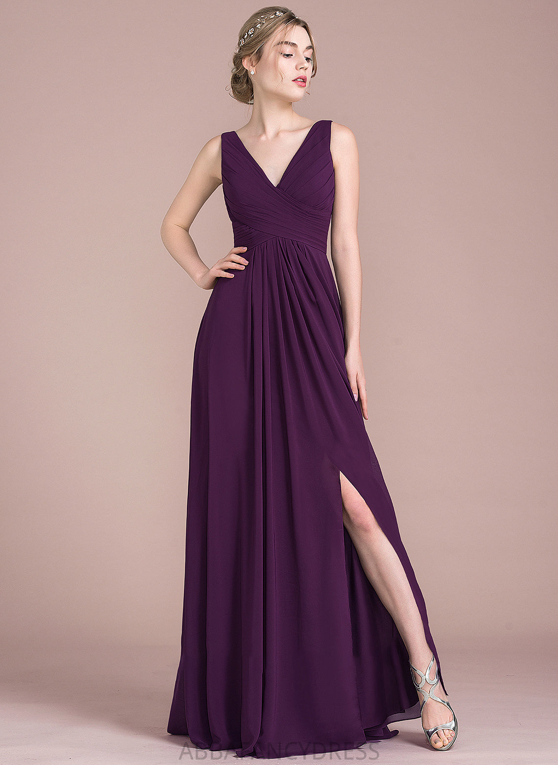 Split Lia V-neck Chiffon Prom Dresses Front Floor-Length With Ruffle A-Line
