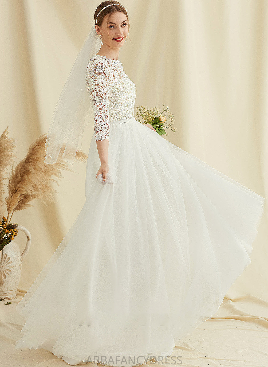 Lace Neck Wedding Dress Train Tulle Scoop Sweep Wedding Dresses Alana A-Line