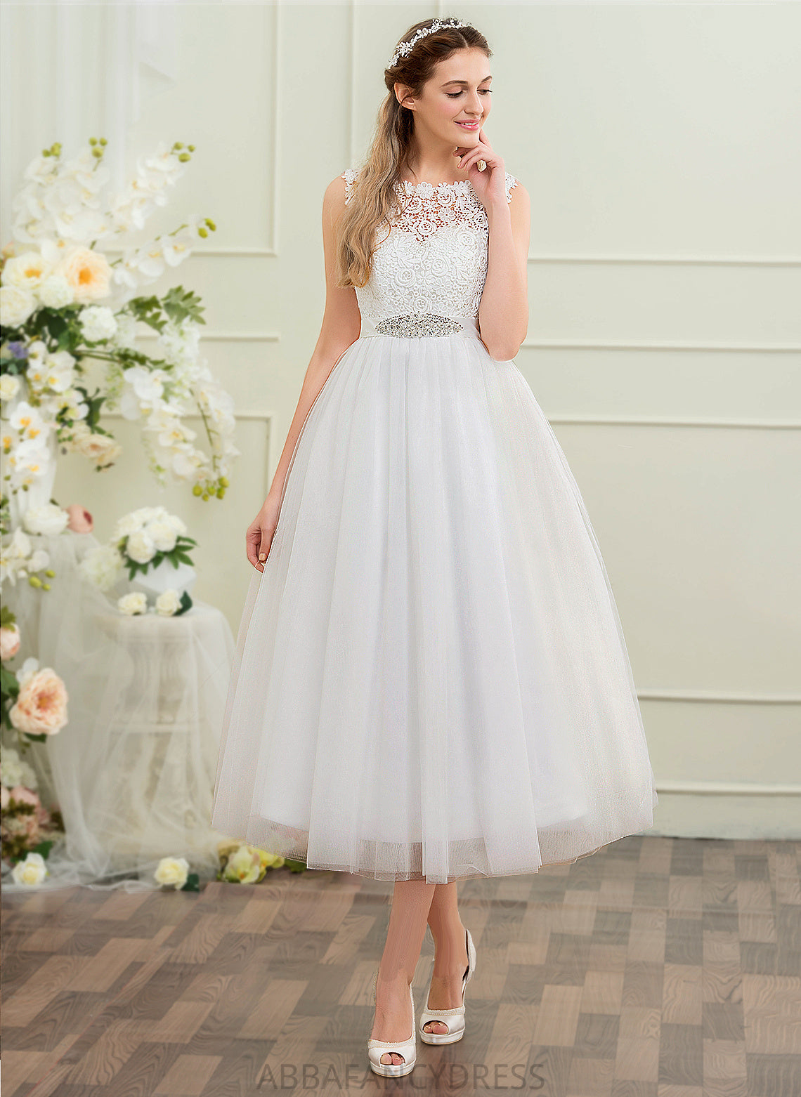 Ball-Gown/Princess Dress Wedding Wedding Dresses With Scoop Beading Tea-Length Katelyn Tulle Sequins Neck