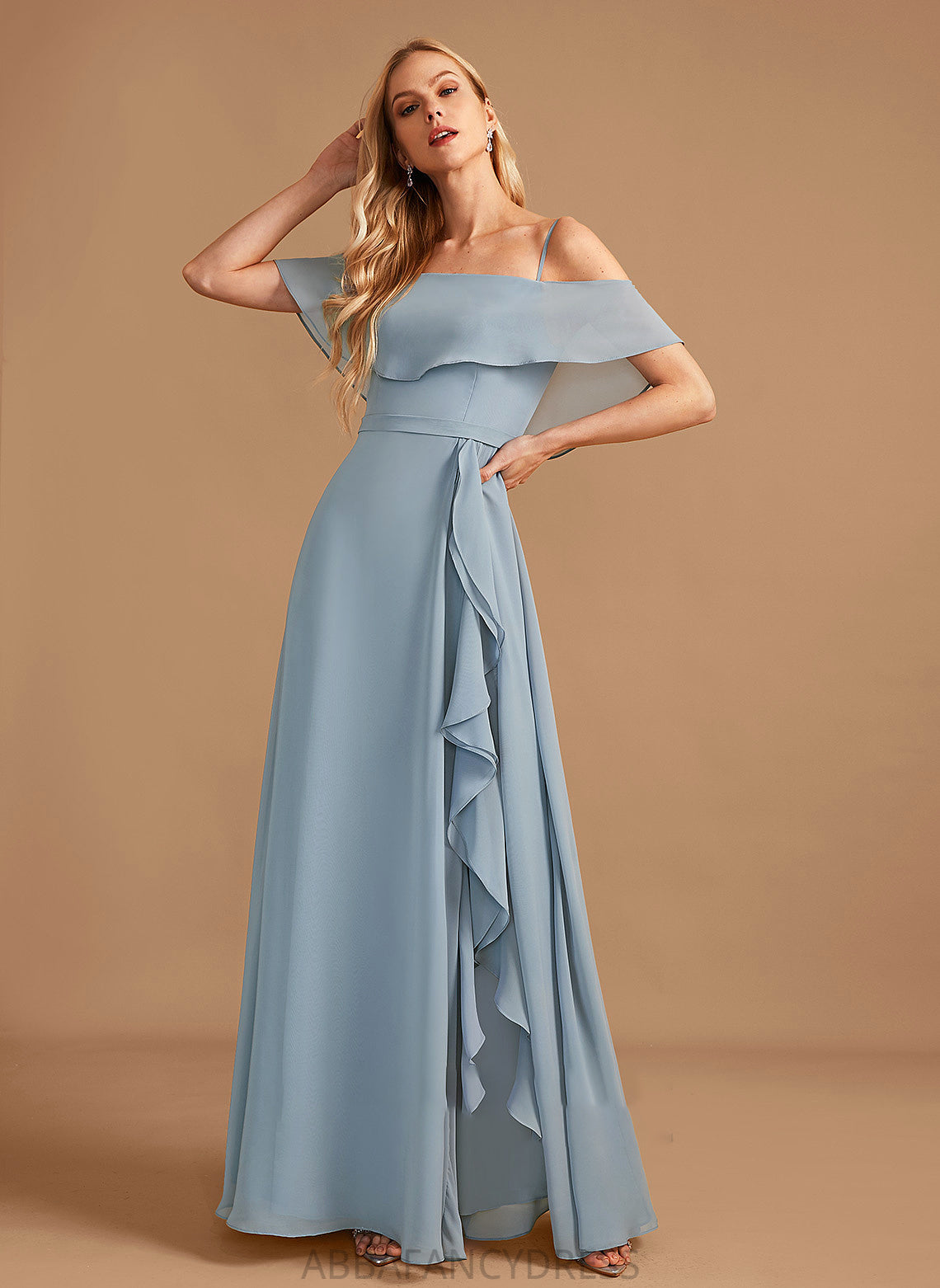 Off-the-Shoulder Floor-Length Neckline Length A-Line Ruffle Silhouette Embellishment SplitFront Fabric Keely A-Line/Princess