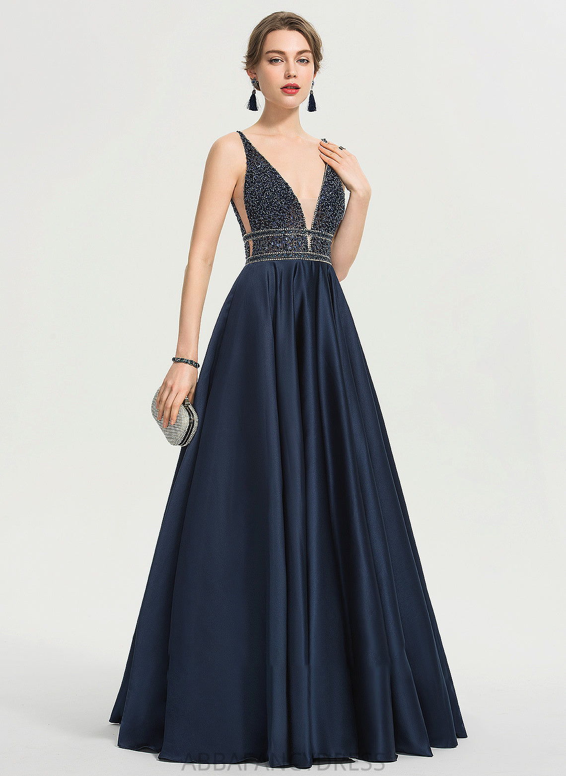 With Satin Beading V-neck Ball-Gown/Princess Lorelai Floor-Length Sequins Prom Dresses
