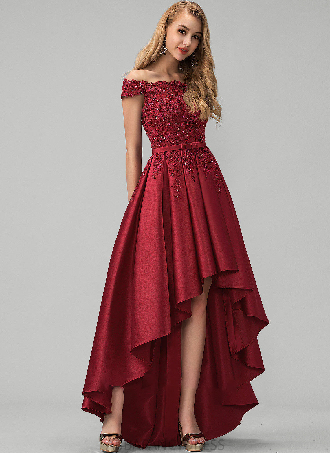 Asymmetrical With Ball-Gown/Princess Charlie Off-the-Shoulder Satin Sequins Lace Beading Bow(s) Prom Dresses