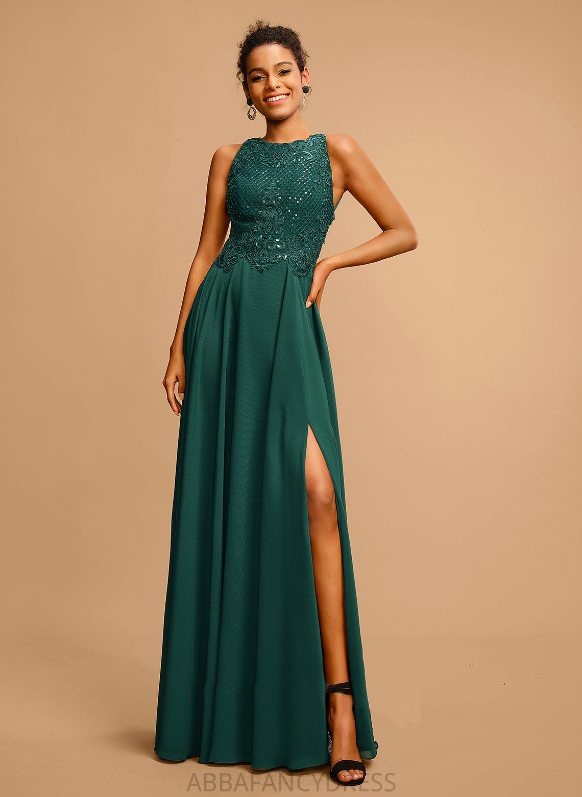 Scoop Lace Prom Dresses Sequins Chiffon Front Split Floor-Length Neck With Annalise A-Line