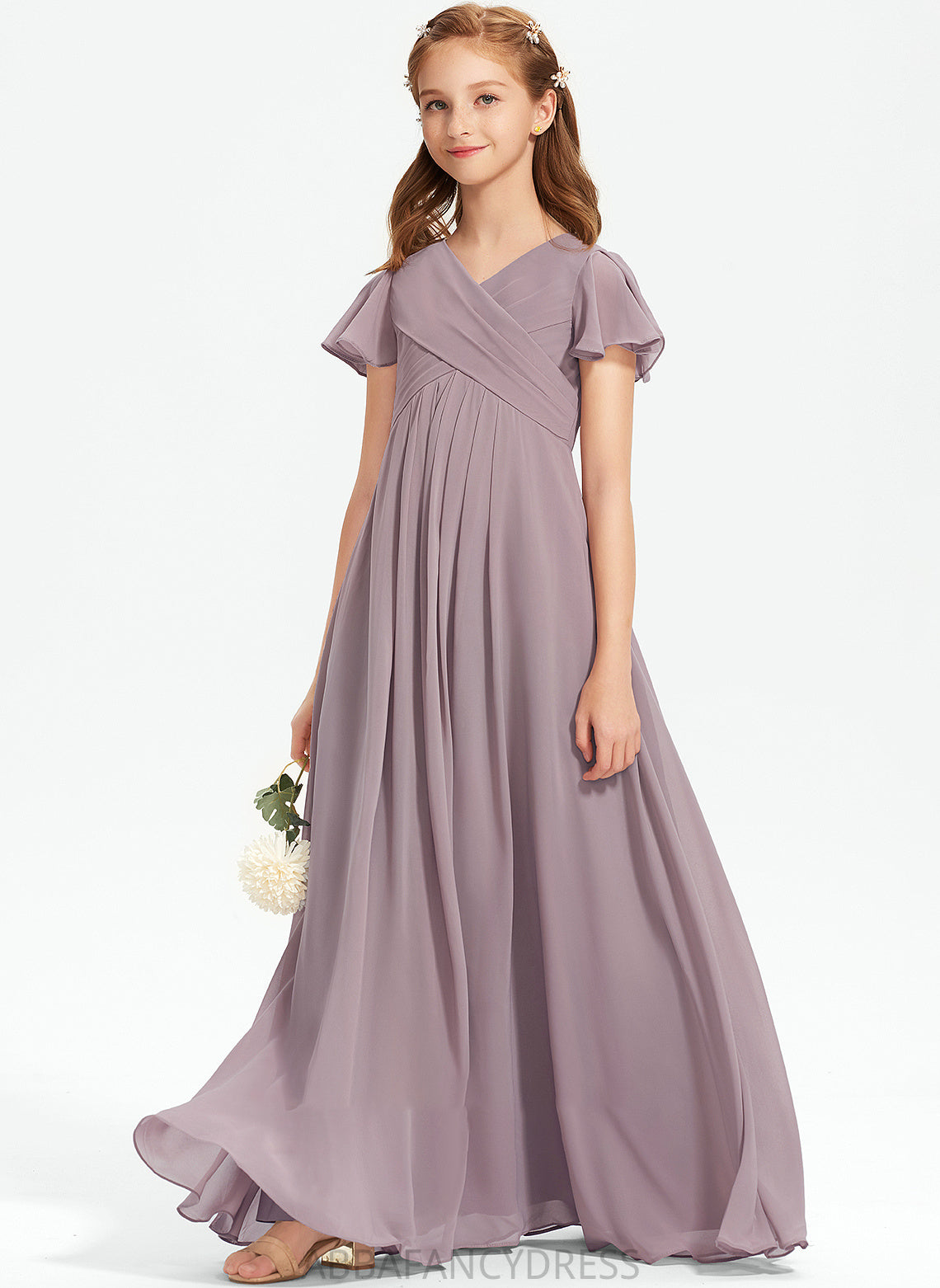 Floor-Length Junior Bridesmaid Dresses With Ruffle Chiffon Karla V-neck A-Line