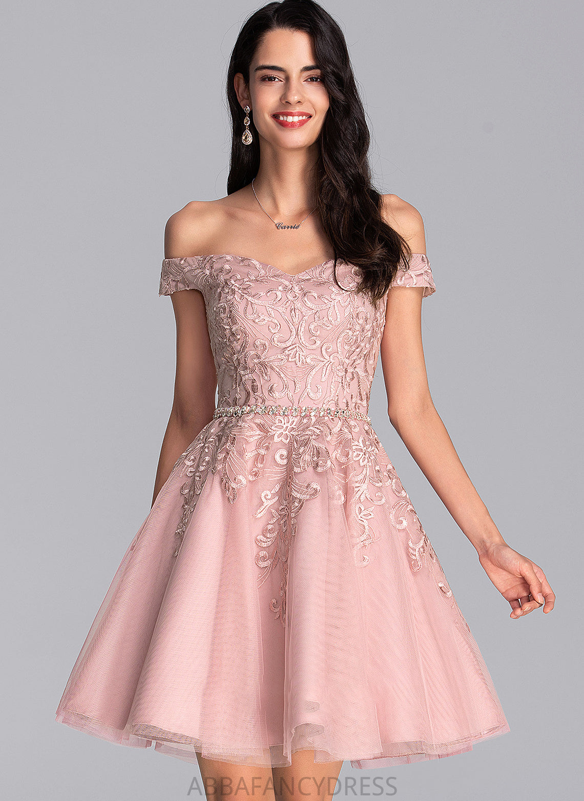 Beading A-Line Nevaeh Off-the-Shoulder With Sequins Tulle Short/Mini Prom Dresses