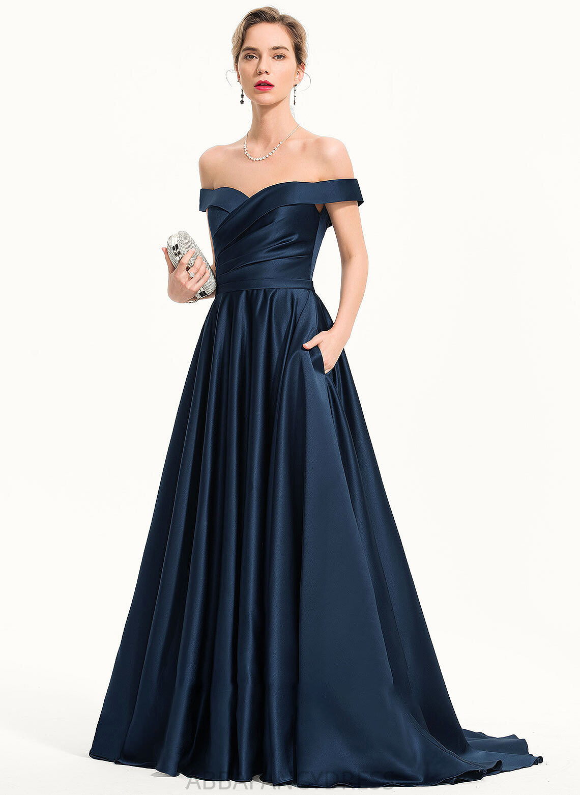 With Prom Dresses Pockets Train Sweep A-Line Off-the-Shoulder Satin Juliana