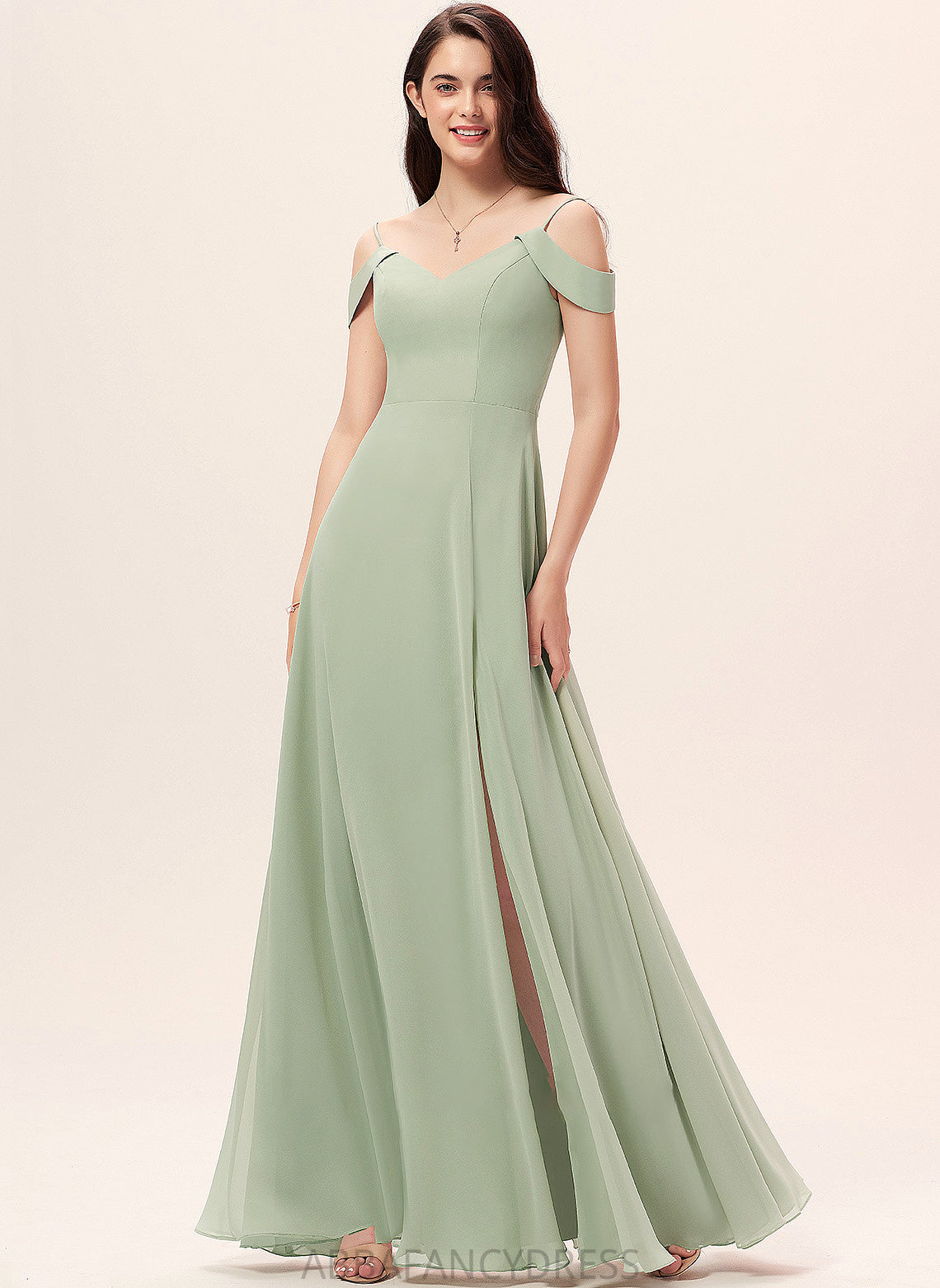 Embellishment Neckline Length Silhouette SplitFront Fabric Floor-Length V-neck A-Line Jaylin A-Line/Princess Sleeveless