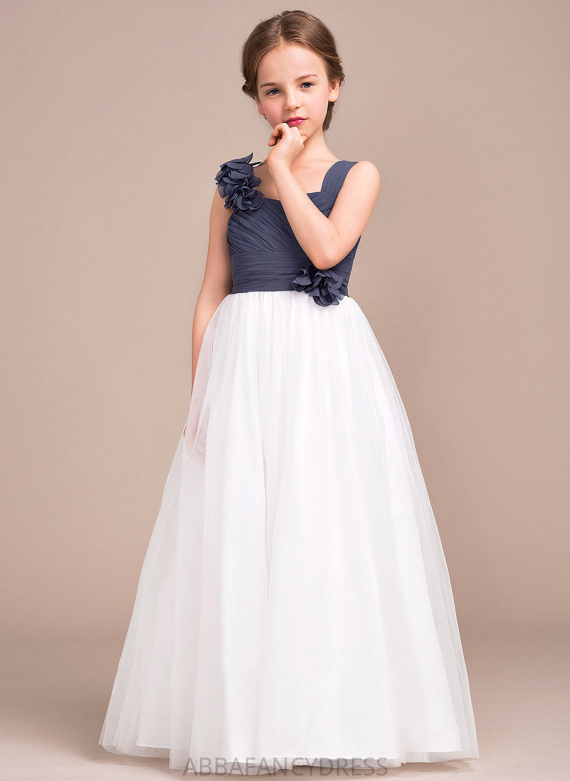 With Libby A-Line Junior Bridesmaid Dresses Floor-Length Chiffon Flower(s) Ruffle Sweetheart Tulle