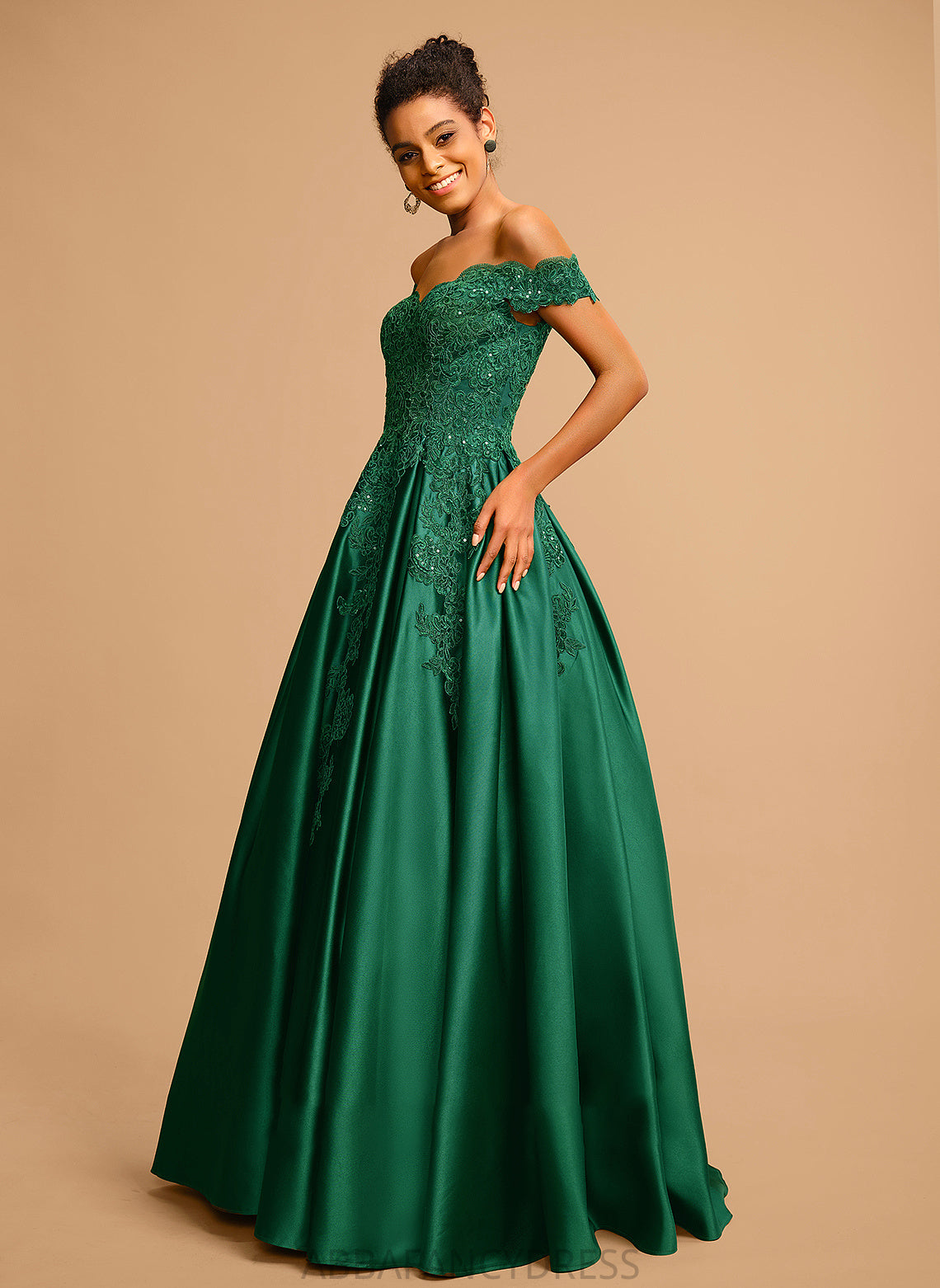 Prom Dresses Floor-Length Satin Off-the-Shoulder Ball-Gown/Princess With Kamryn Sequins