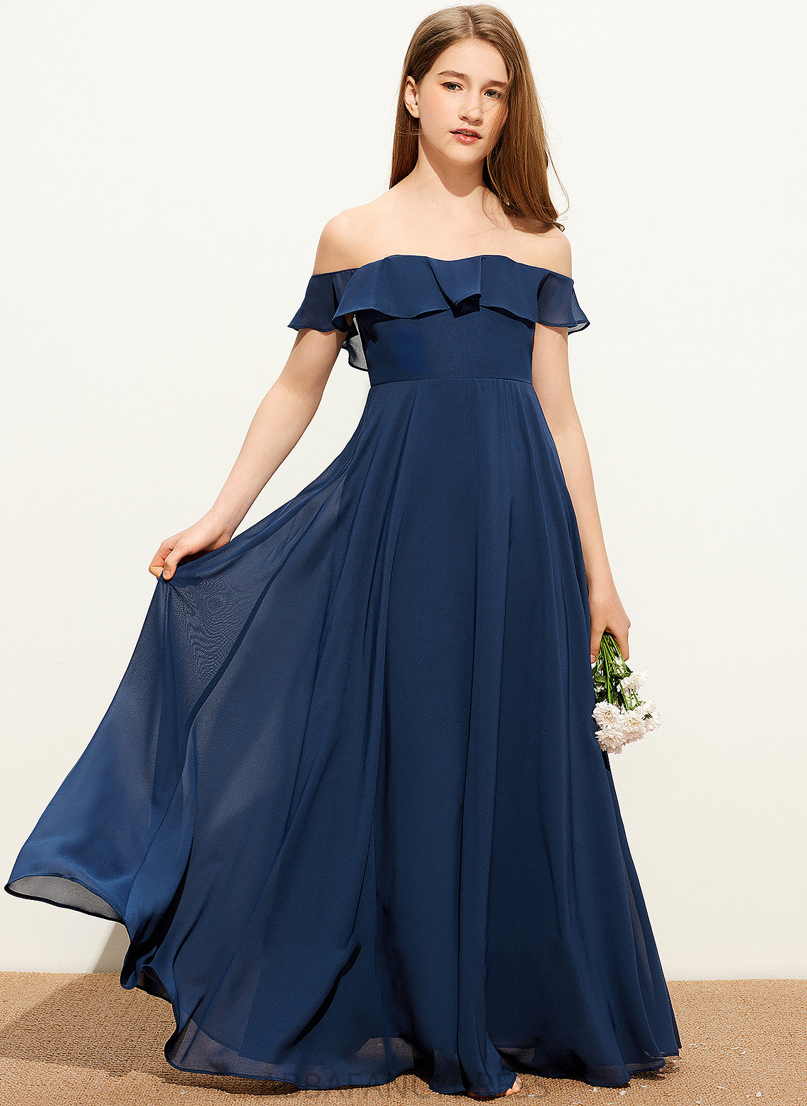 A-Line Off-the-Shoulder Floor-Length Junior Bridesmaid Dresses Chiffon Kaitlin