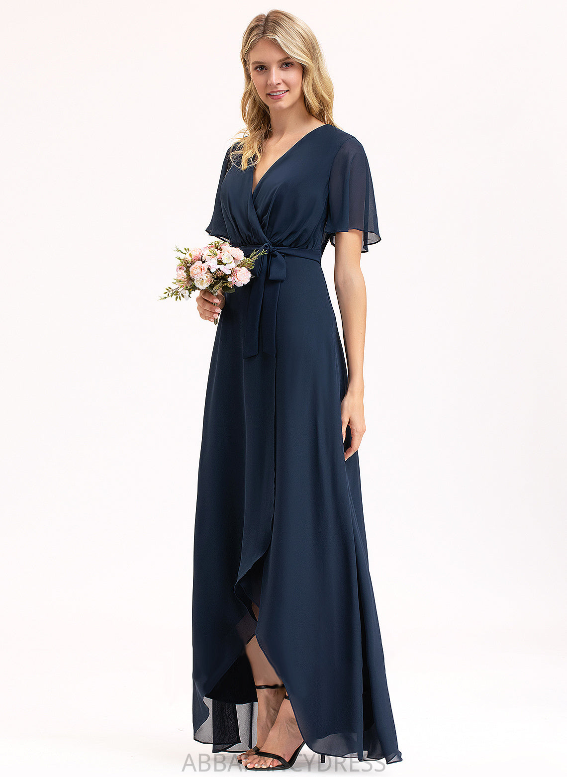 Asymmetrical A-Line Prom Dresses With Skyler Bow(s) V-neck Chiffon