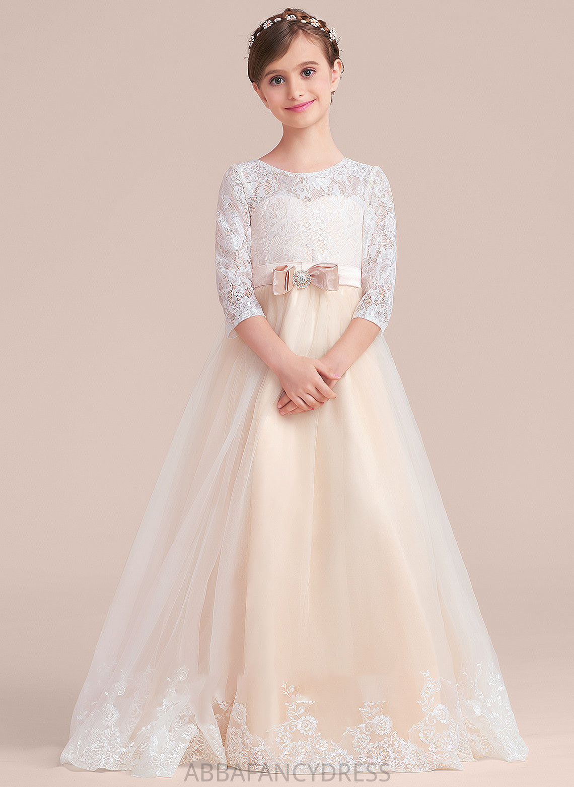 With Lace Floor-Length Tulle Neck Carolina Sash Beading Junior Bridesmaid Dresses Bow(s) Scoop Ball-Gown/Princess