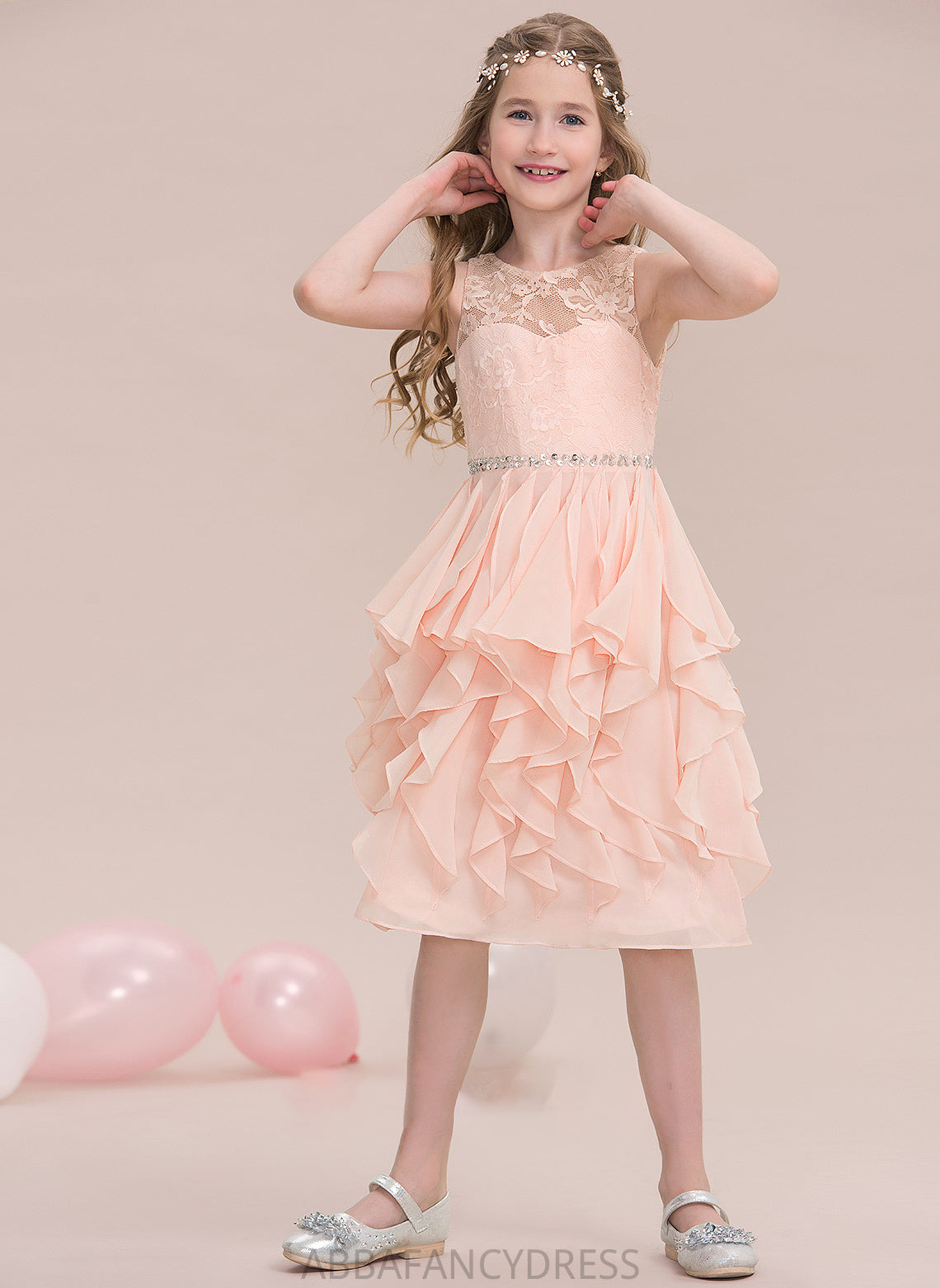 With Junior Bridesmaid Dresses Cascading Sequins Chiffon Lauryn Neck Scoop A-Line Beading Ruffles Knee-Length