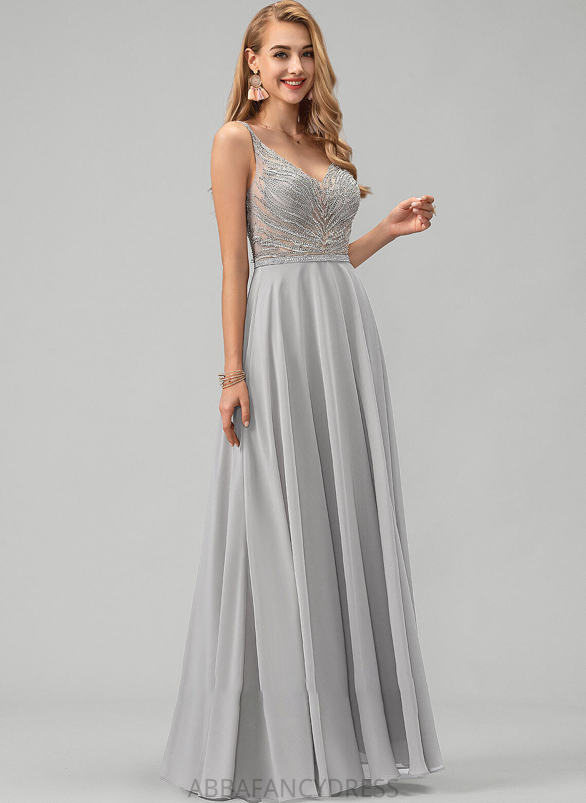 Floor-Length With Sequins Catalina Beading Chiffon A-Line V-neck Prom Dresses