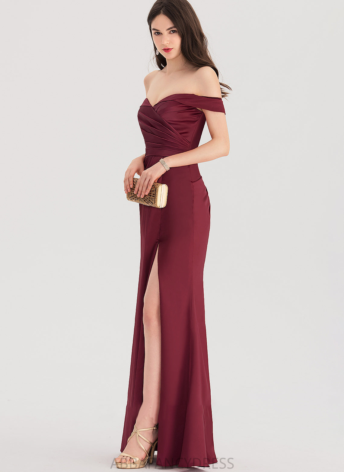 Ruffle Front Split Zoey With Sheath/Column Satin Off-the-Shoulder Floor-Length Prom Dresses