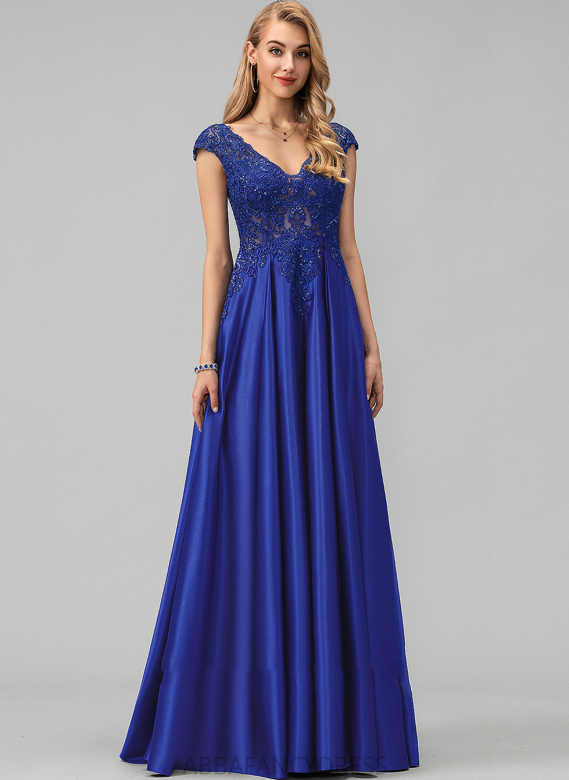 Satin Ball-Gown/Princess Prom Dresses Floor-Length Lace V-neck Sequins Rosemary With