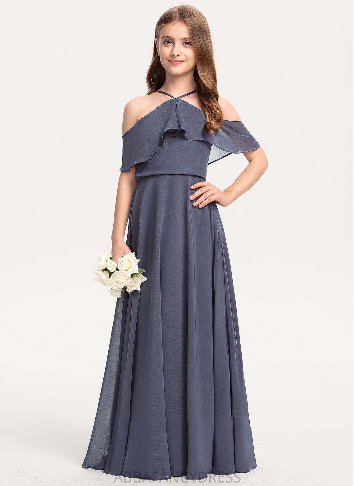 With A-Line Floor-Length Kiana Chiffon Cascading Ruffles Off-the-Shoulder Junior Bridesmaid Dresses
