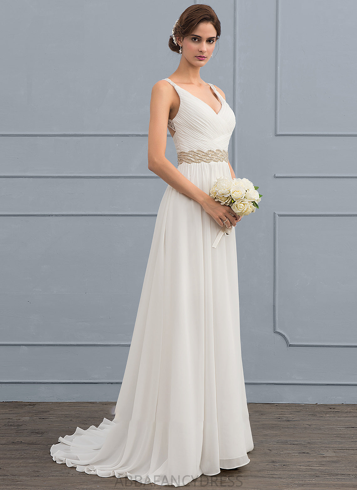 Dress Wedding Sweep Train With Beading A-Line Ruffle Wedding Dresses Chiffon V-neck Lace Laurel Sequins
