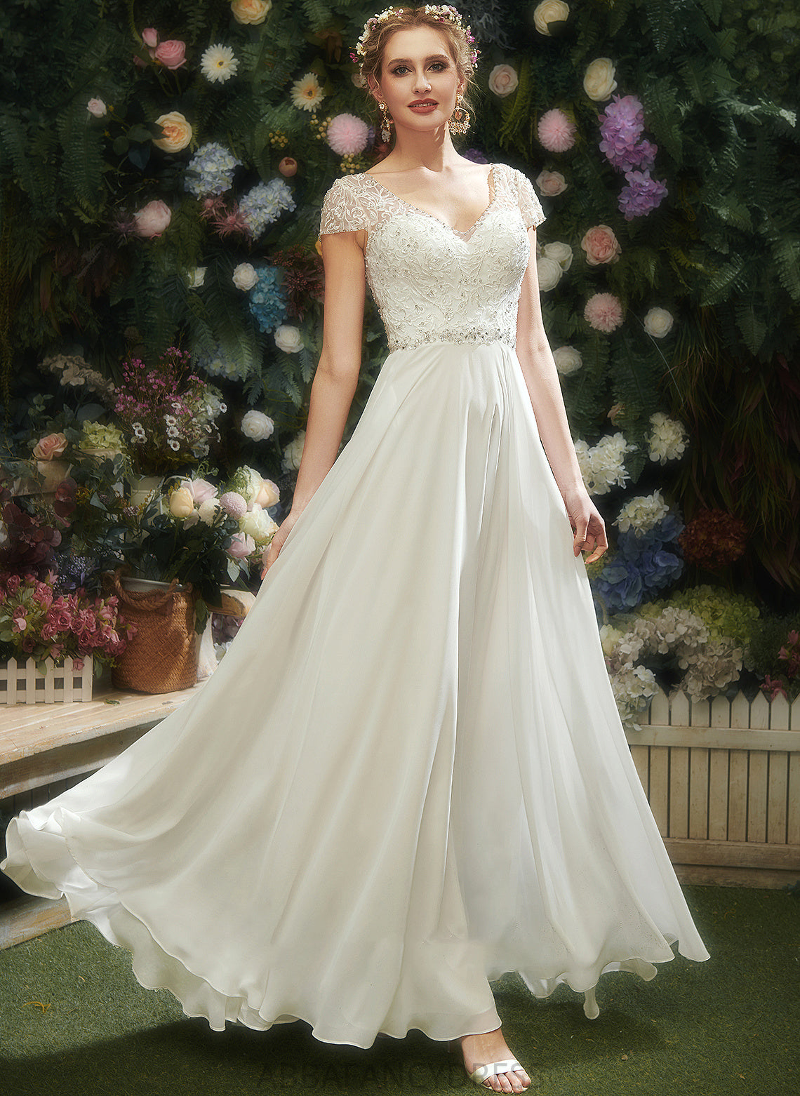 V-neck Sequins Beading Wedding A-Line Wedding Dresses With Lace Floor-Length Raegan Dress