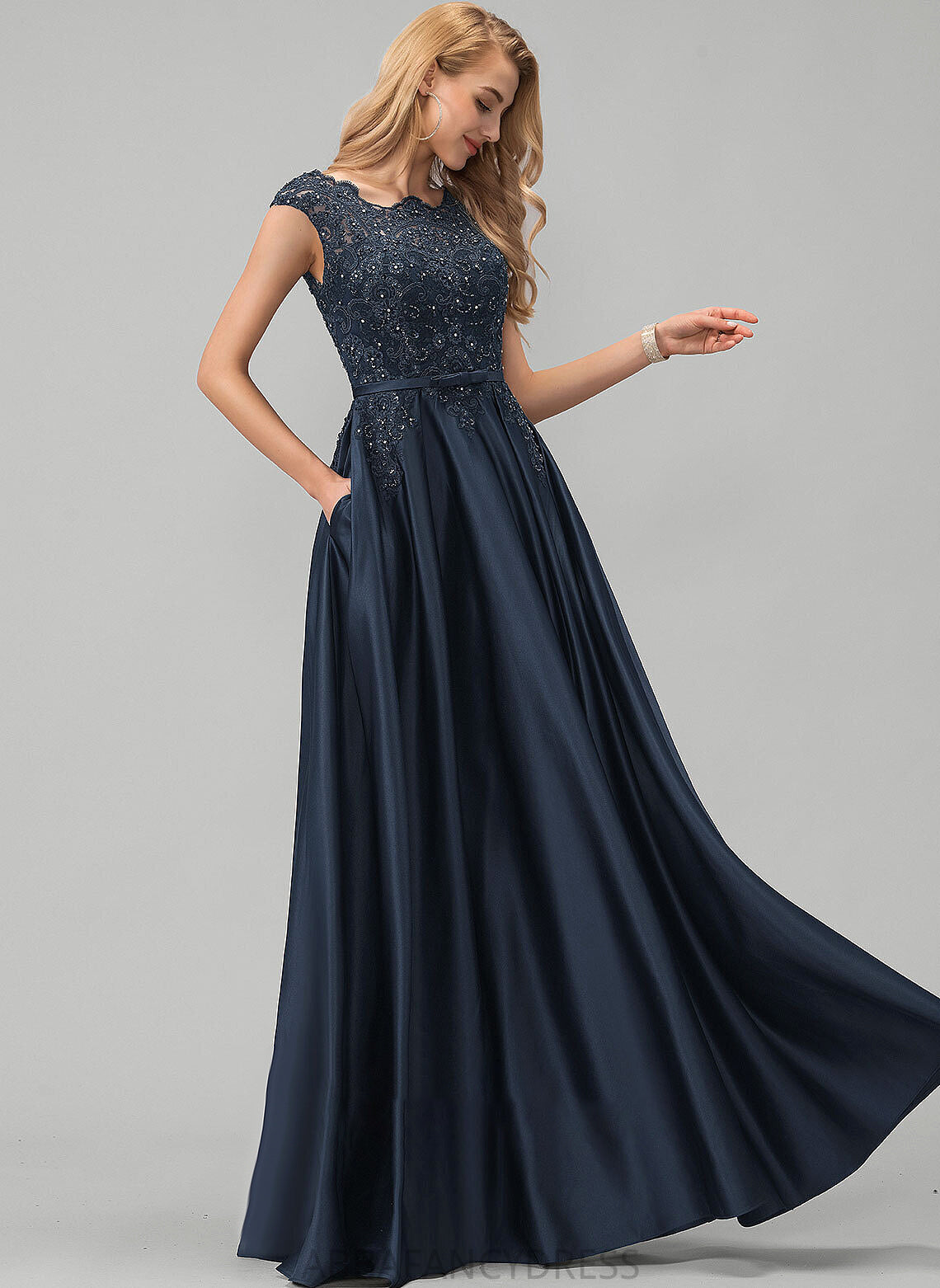 Ball-Gown/Princess Neck Lace Bow(s) Paola Satin Prom Dresses Sequins Scoop Beading With Floor-Length Pockets