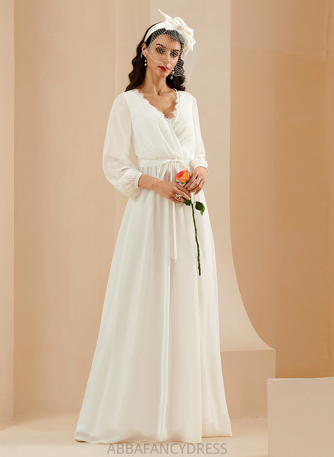 Floor-Length Chiffon Wedding Lace Dress V-neck Wedding Dresses A-Line Alejandra
