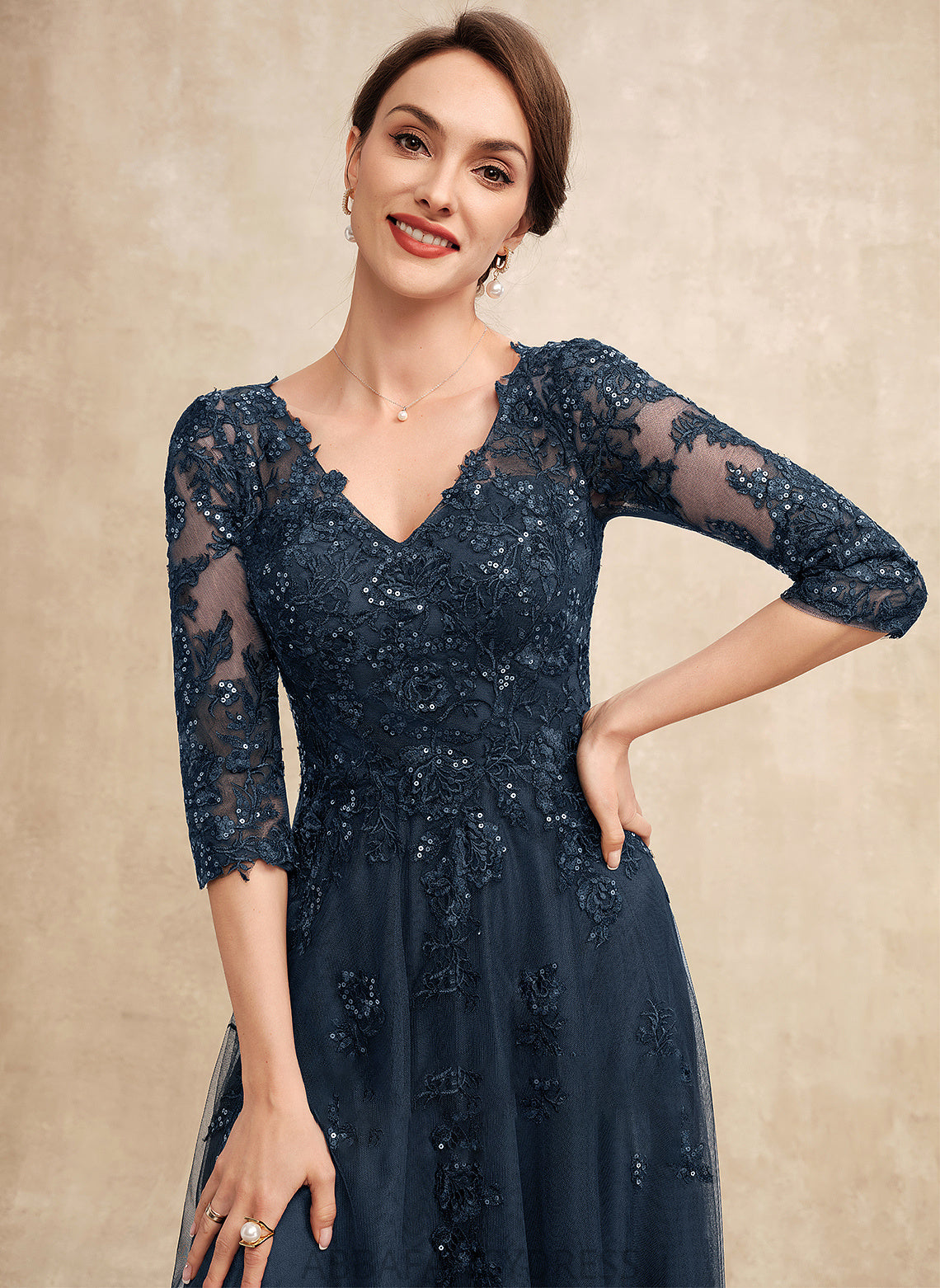 Lace Sequins Kianna Mother of Bride Mother of the Bride Dresses V-neck A-Line Dress Tulle Floor-Length With the