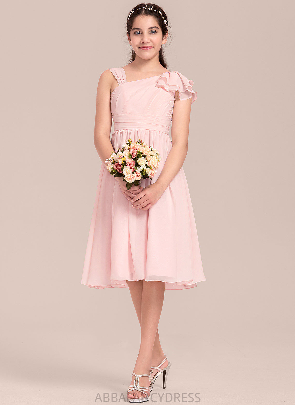 Chiffon Ruffles Cascading Junior Bridesmaid Dresses With A-Line Morgan V-neck Knee-Length