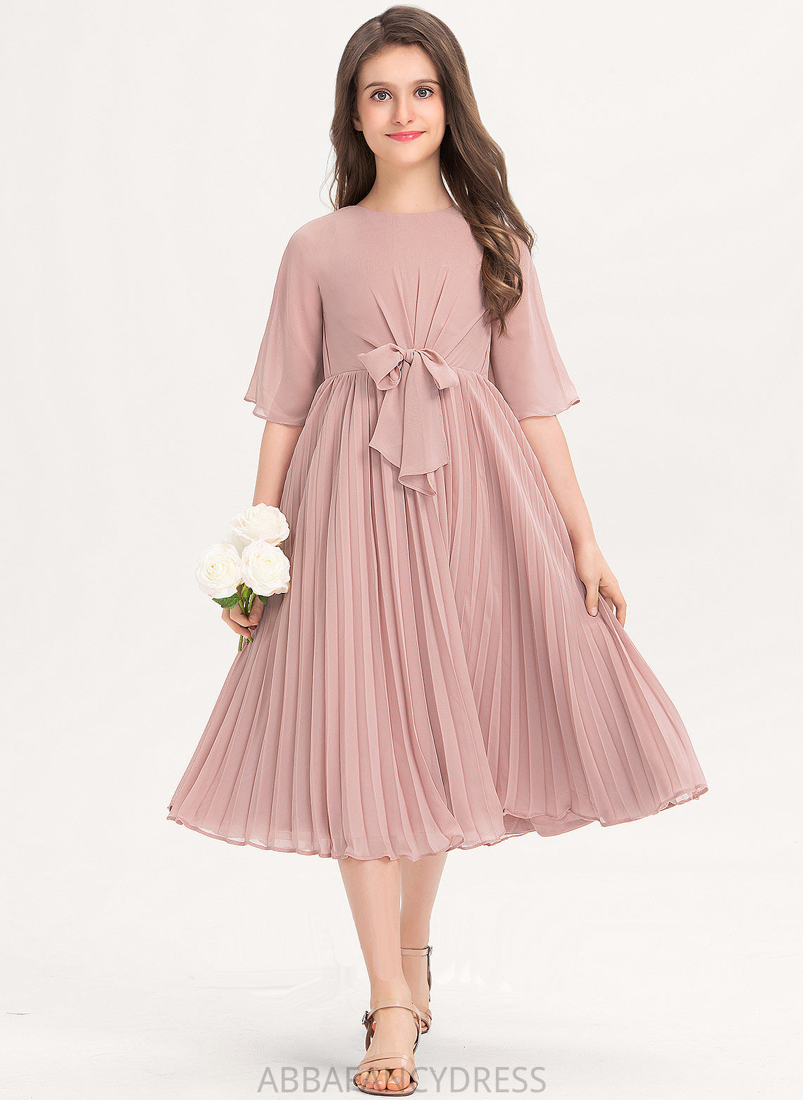 A-Line Bow(s) Knee-Length Caroline Pleated Chiffon Scoop With Neck Junior Bridesmaid Dresses