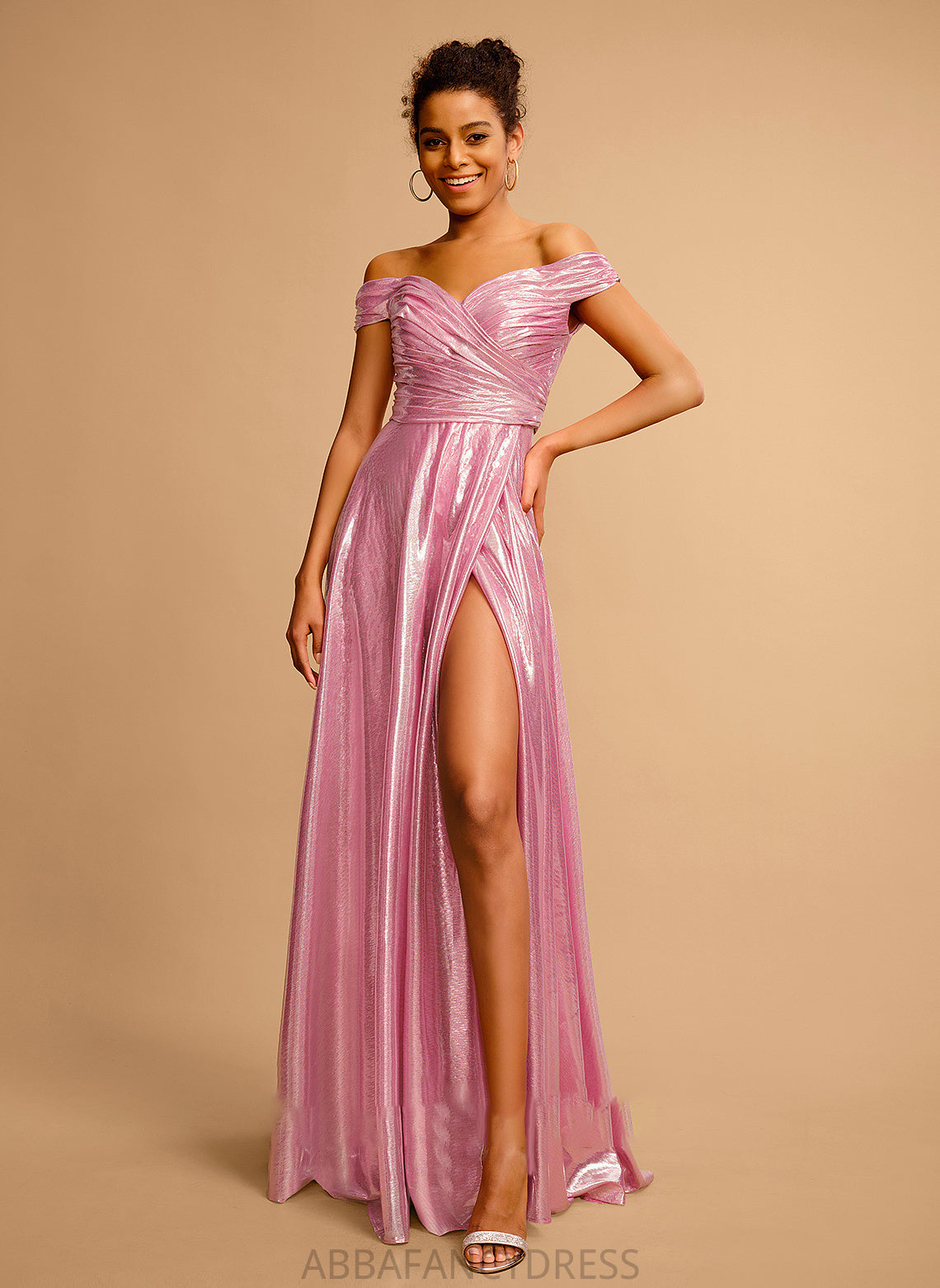 Satin Sequins A-Line Off-the-Shoulder Mylee Floor-Length Pleated With Prom Dresses