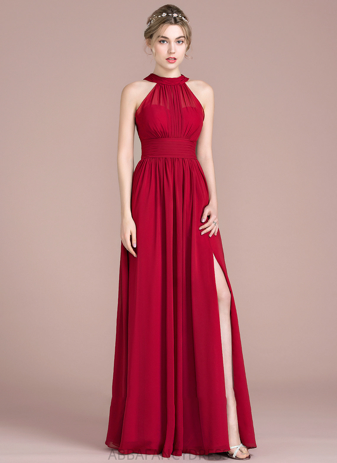 Front Floor-Length Chiffon Scoop Bow(s) With A-Line Split Ruffle Prom Dresses Neck Selina