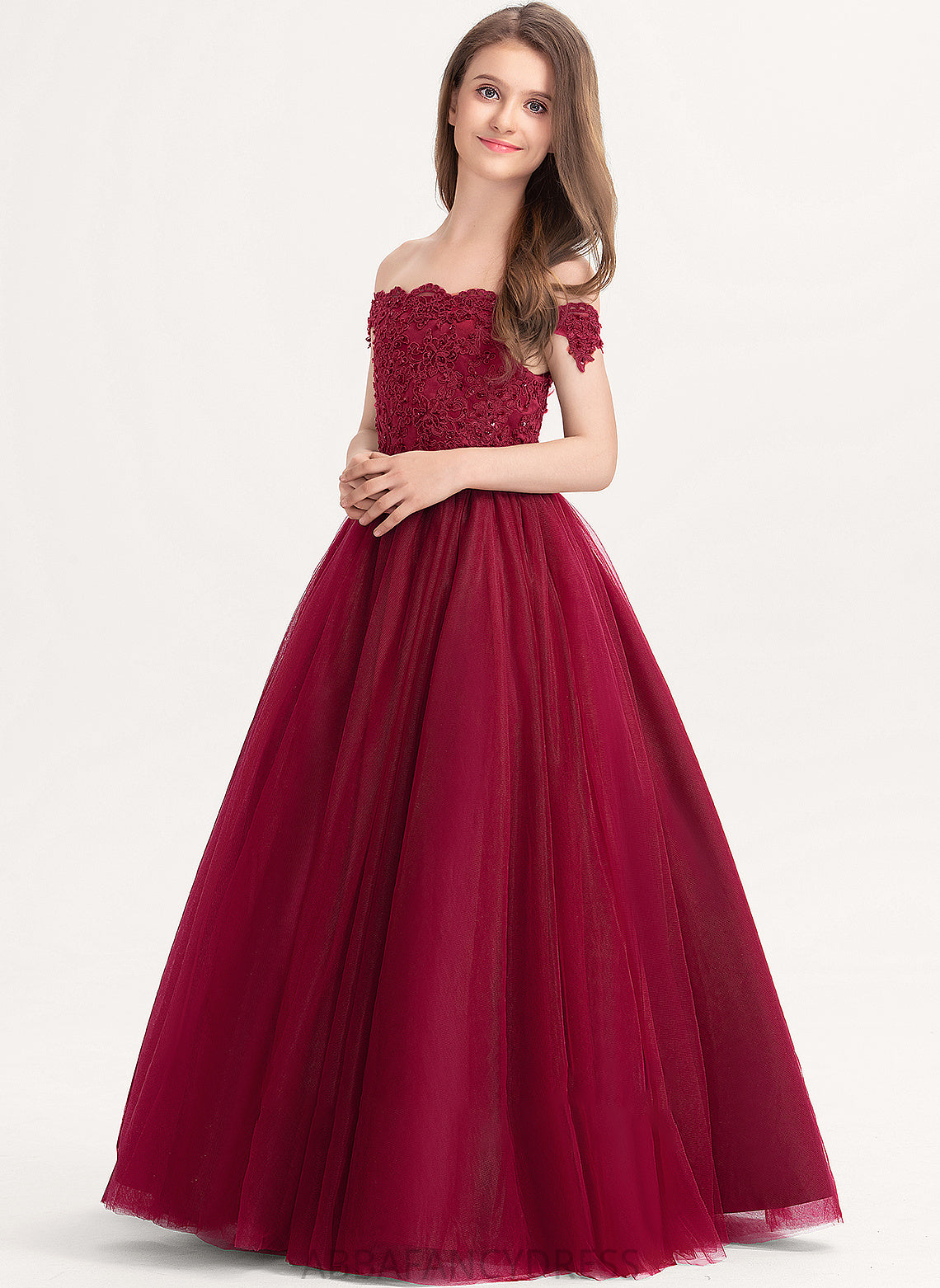Junior Bridesmaid Dresses Tulle Beading Ball-Gown/Princess Floor-Length Harper Lace Sequins With Off-the-Shoulder