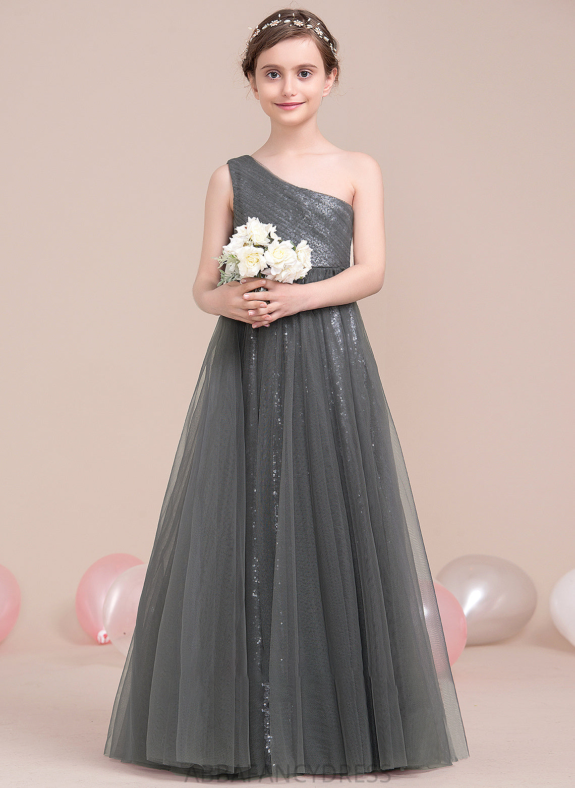 Ruffle Laila Tulle One-Shoulder Floor-Length A-Line Junior Bridesmaid Dresses With Sequined